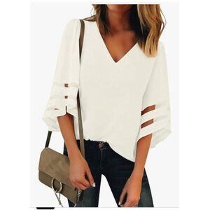 Women's Casual V Neck Blouse 3/4 Bell Sleeve Mesh Panel Shirts Loose Top